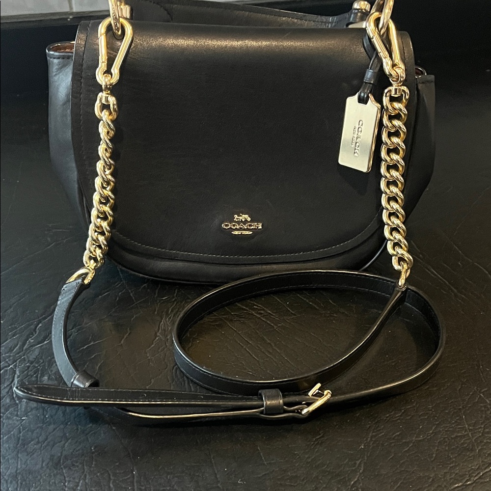 Coach Black Leather Crossbody Bag with Gold Accents